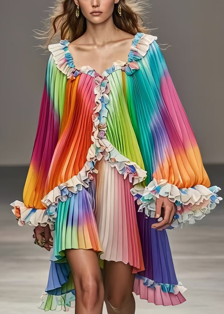 French Rainbow Ruffled Tie Dye Chiffon Day Pleated Dress Fall