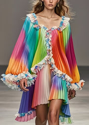 French Rainbow Ruffled Tie Dye Chiffon Day Pleated Dress Fall