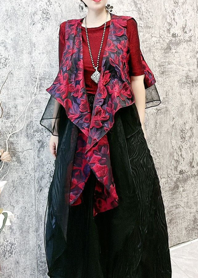 French Red Asymmetrical Jacquard Patchwork Silk Vest Sleeveless