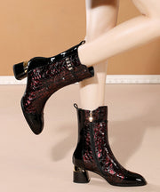French Red Boots Zippered Splicing Cowhide Leather Chunky Ankle Boots