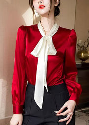 French Red Bow Patchwork Silk Shirt Spring