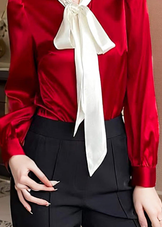 French Red Bow Patchwork Silk Shirt Spring