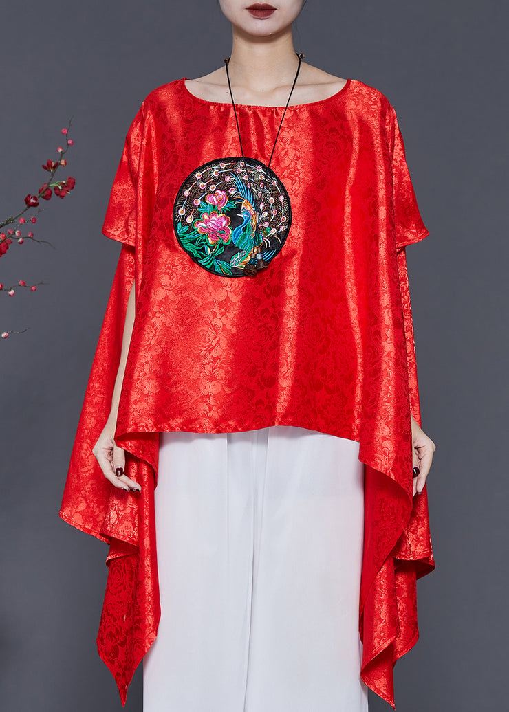 French Red Embroidered Asymmetrical Design Silk Tops Smock Summer