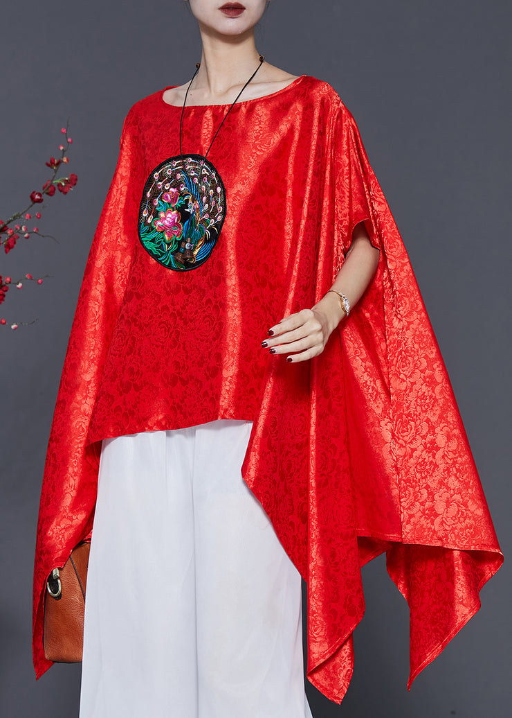French Red Embroidered Asymmetrical Design Silk Tops Smock Summer