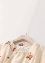 French Red Embroidered Button Linen Blouses Summer