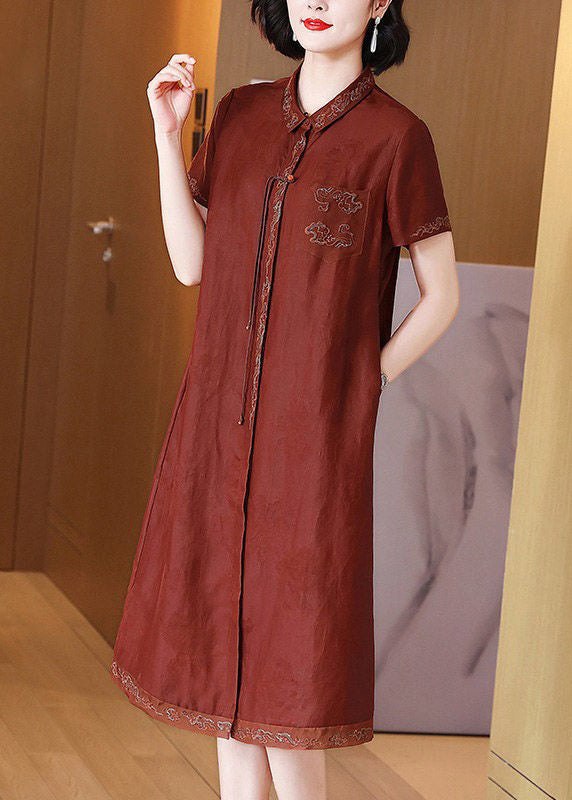 French Red Embroidered Button Pockets Silk Long Dress Summer