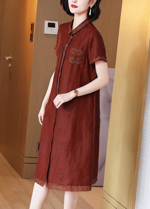 French Red Embroidered Button Pockets Silk Long Dress Summer