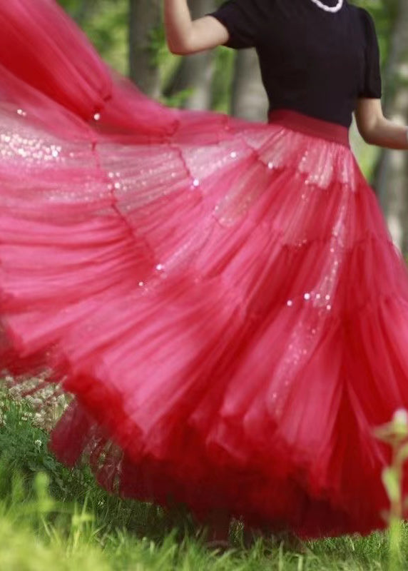 French Red Handmade Zircon Wrinkled Patchwork Tulle Skirt Spring