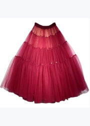 French Red Handmade Zircon Wrinkled Patchwork Tulle Skirt Spring