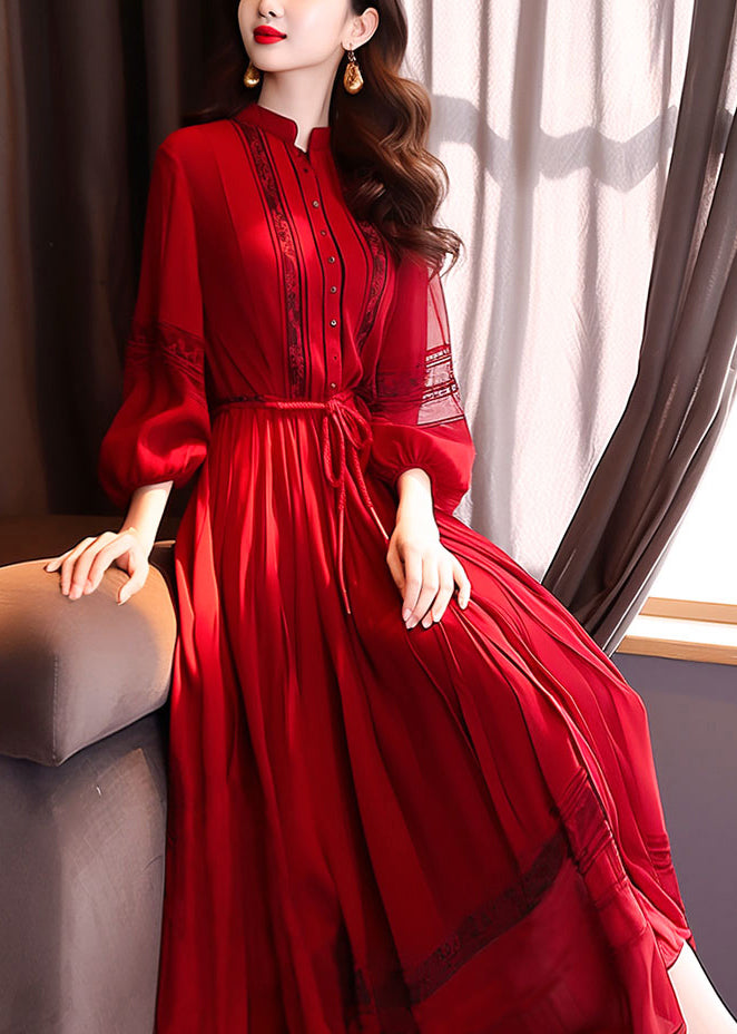 French Red Hollow Out Lace Up Long Dress Bracelet Sleeve