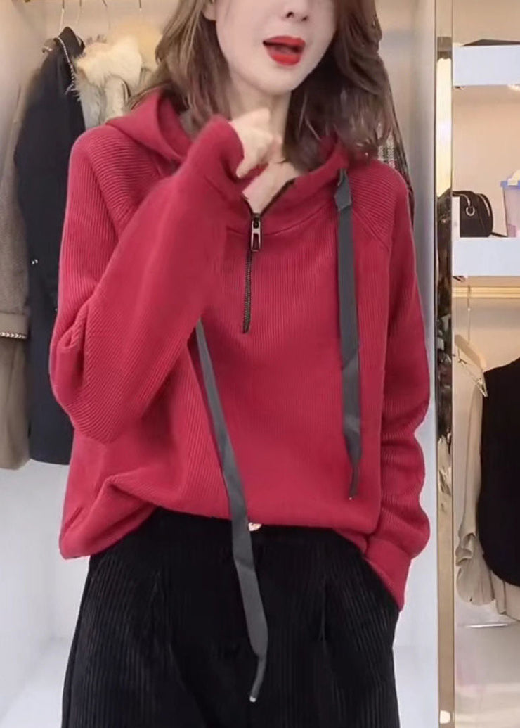 French Red Hooded Drawstring Knit Loose Sweatshirt Long Sleeve