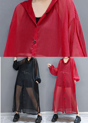 French Red Hooded Hollow Out Chiffon Long Cardigans Summer