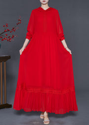 French Red Hooded Patchwork Lace Robe Dresses Spring