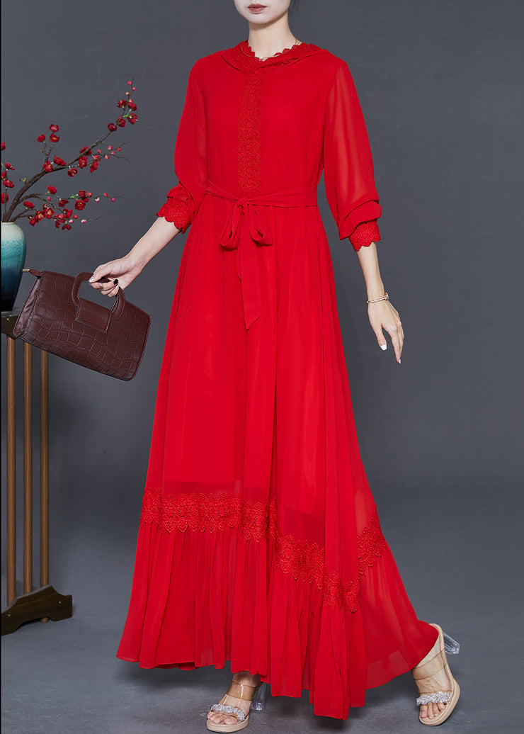 French Red Hooded Patchwork Lace Robe Dresses Spring