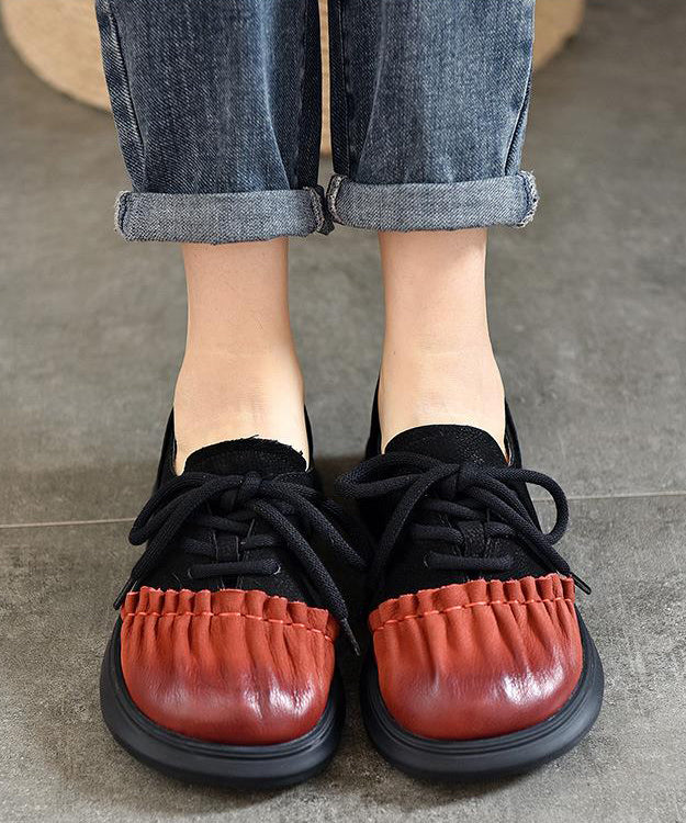 French Red Lace Up Splicing Cowhide Leather Flats Shoes