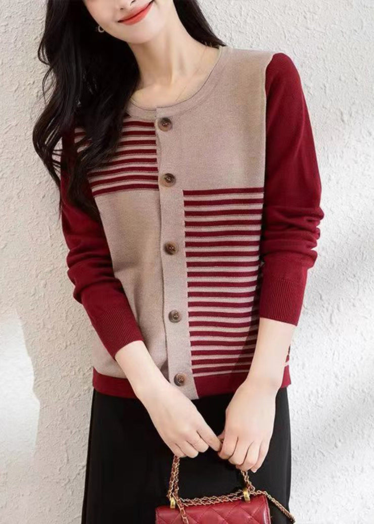 French Red O Neck Button Patchwork Knit Cardigans Fall