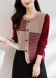 French Red O Neck Button Patchwork Knit Cardigans Fall