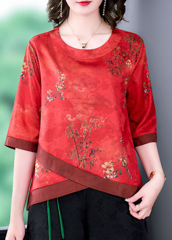 French Red O Neck Print Patchwork Silk Shirt Tops Summer