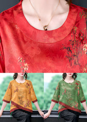 French Red O Neck Print Patchwork Silk Shirt Tops Summer