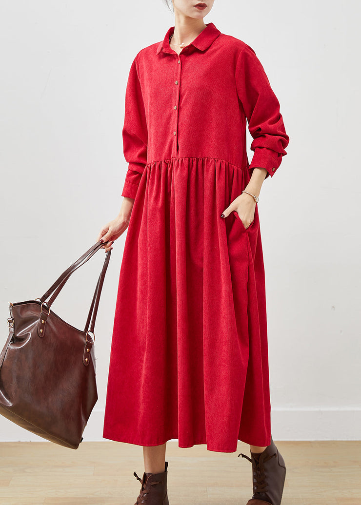 French Red Oversized Exra Large Hem Corduroy Long Dress Spring