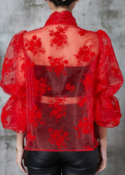 French Red Oversized Jacquard Tulle Blouses Spring