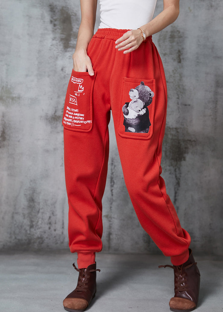 French Red Oversized Pockets Warm Fleece Harem Pants Winter