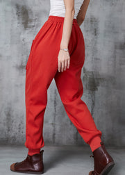 French Red Oversized Pockets Warm Fleece Harem Pants Winter