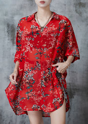 French Red Oversized Print Chiffon Long Shirt Fall