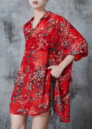 French Red Oversized Print Chiffon Long Shirt Spring