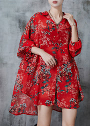 French Red Oversized Print Chiffon Long Shirt Fall