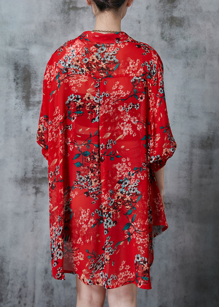 French Red Oversized Print Chiffon Long Shirt Spring