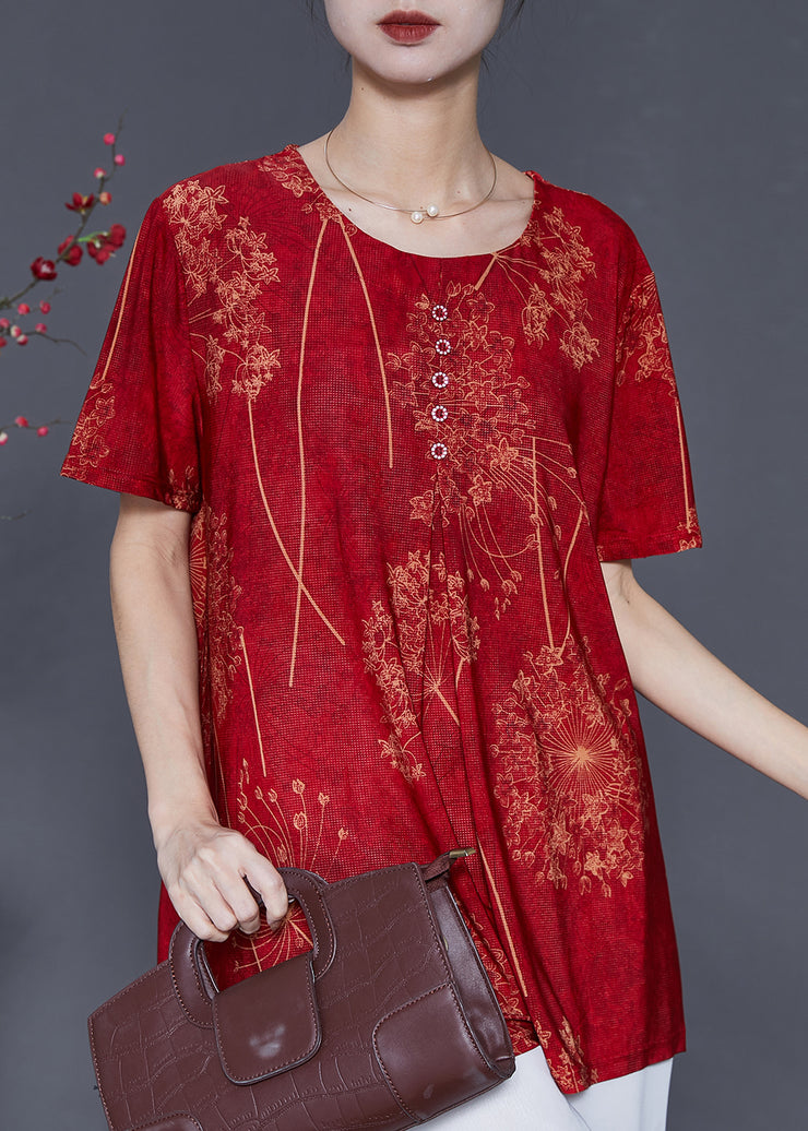 French Red Oversized Print Silk Shirt Top Summer