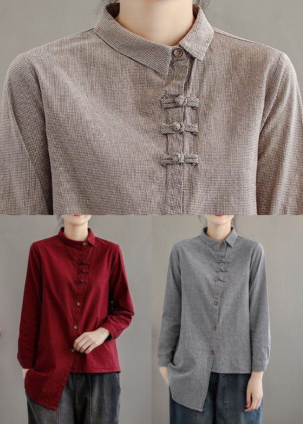 French Red Peter Pan Collar Patchwork Cotton Shirt Top Long Sleeve