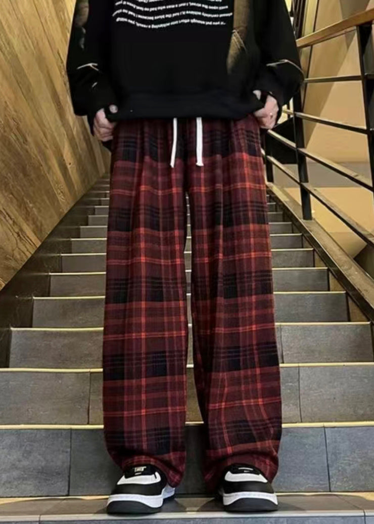 French Red Plaid Elastic Waist Warm Fleece Men Pants Winter