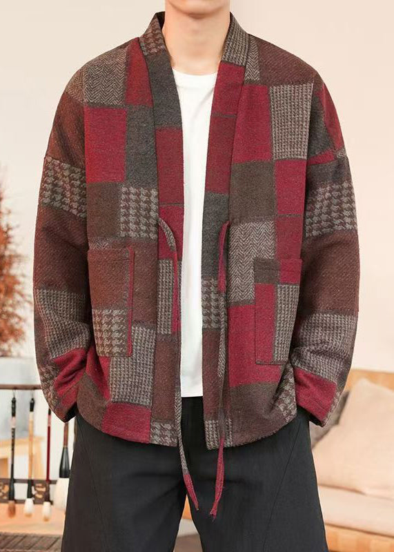 French Red Plaid Lace Up Woolen Mens Coats Winter