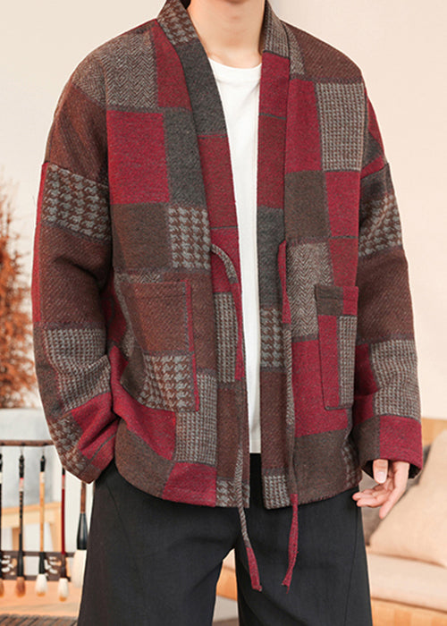 French Red Plaid Lace Up Woolen Mens Coats Winter