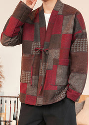 French Red Plaid Lace Up Woolen Mens Coats Winter