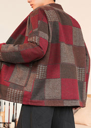 French Red Plaid Lace Up Woolen Mens Coats Winter