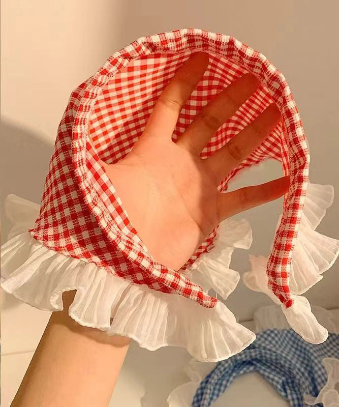 French Red Plaid Ruffles Lace Triangle Scarf Headband