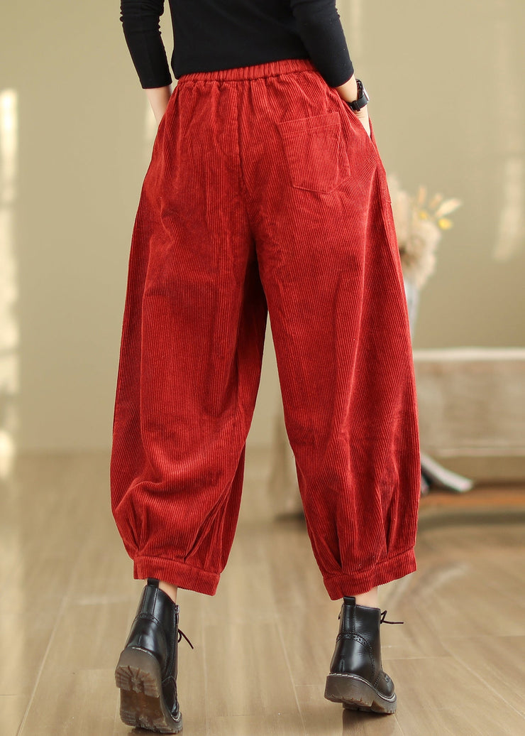 French Red Pockets Elastic Waist Corduroy Crop Pants Fall