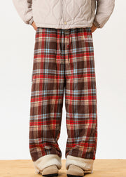 French Red Pockets Plaid Patchwork Warm Fleece Mens Pants Winter