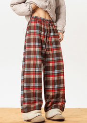 French Red Pockets Plaid Patchwork Warm Fleece Mens Pants Winter