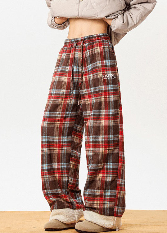 French Red Pockets Plaid Patchwork Warm Fleece Mens Pants Winter