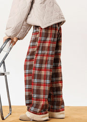 French Red Pockets Plaid Patchwork Warm Fleece Mens Pants Winter