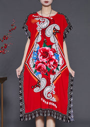 French Red Print Chiffon Long Dress Batwing Sleeve
