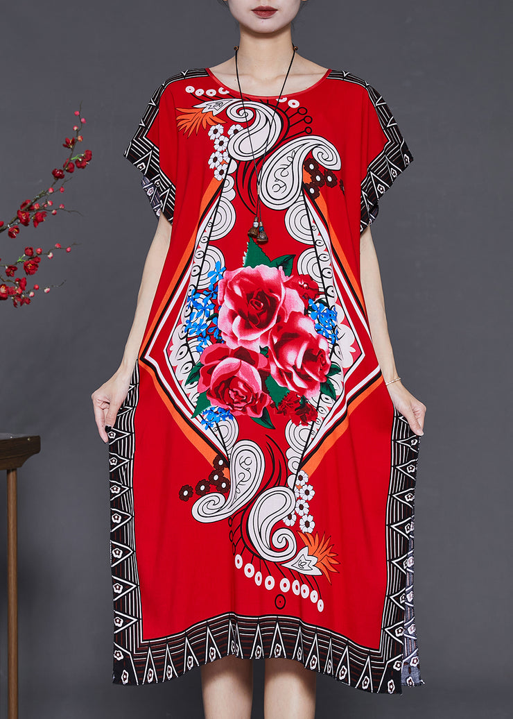 French Red Print Chiffon Long Dress Batwing Sleeve