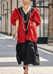 French Red Ruffled Patchwork Cotton Dress Puff Sleeve