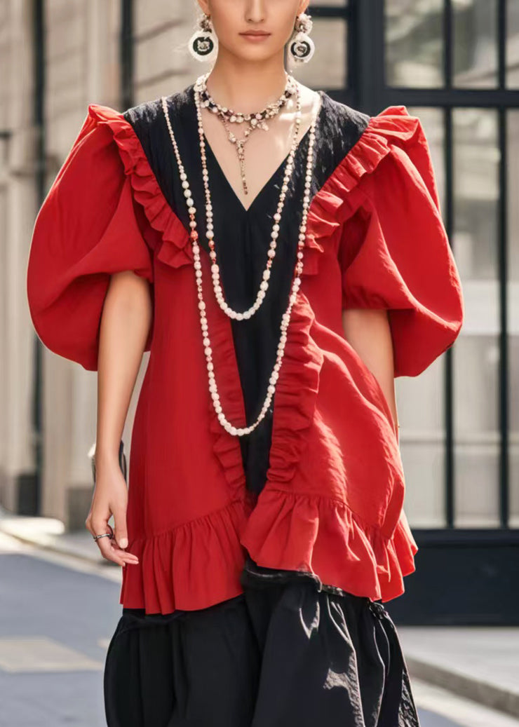 French Red Ruffled Patchwork Cotton Dress Puff Sleeve