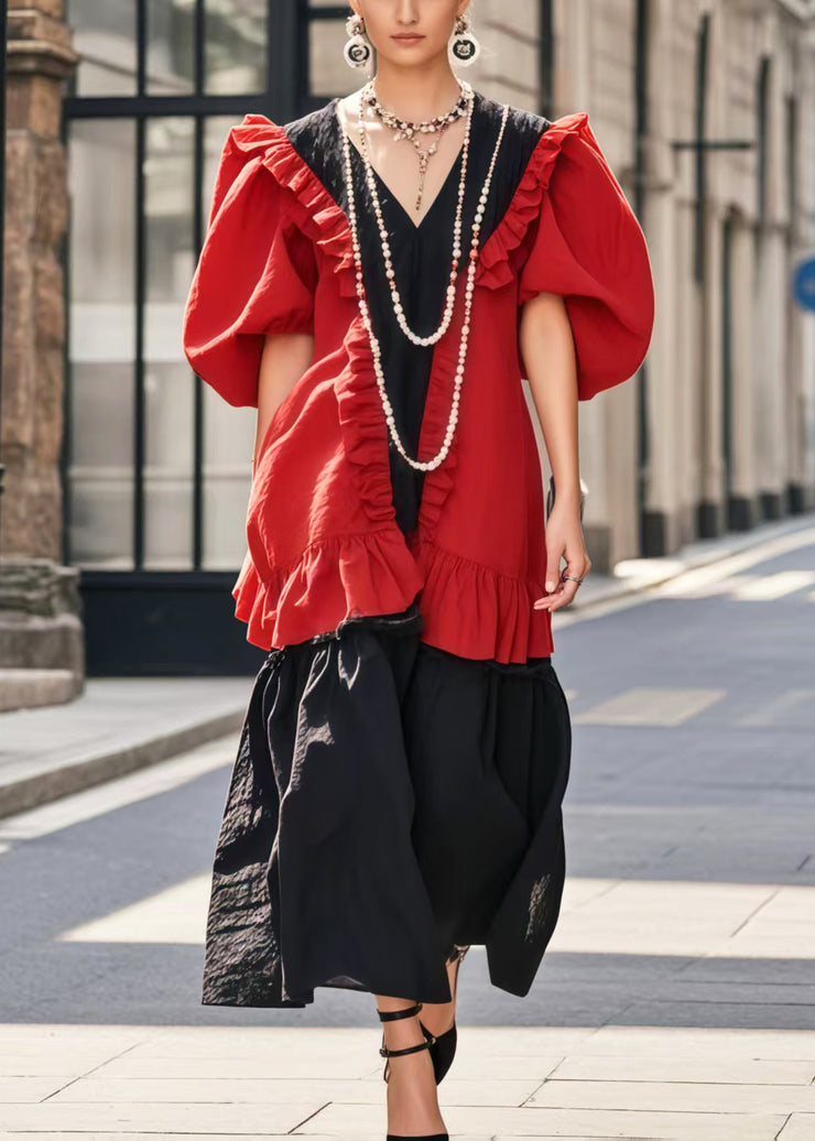 French Red Ruffled Patchwork Cotton Dress Puff Sleeve