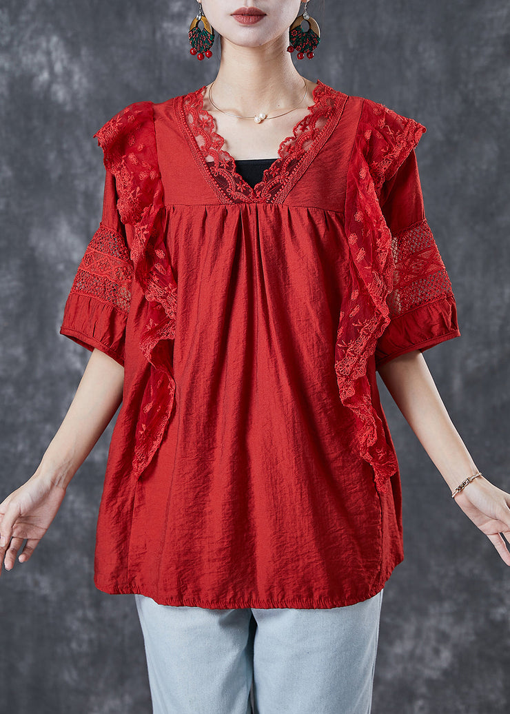 French Red Ruffled Patchwork Cotton Sweater Tops Short Sleeve